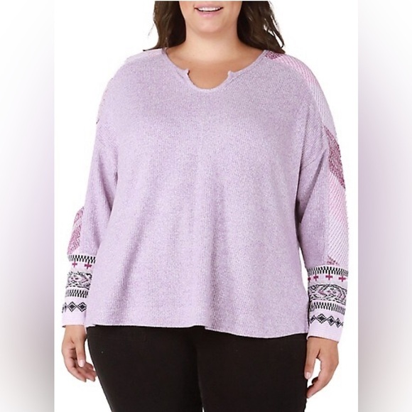 Dex Sweaters - Dex Womens Plus Purple Pink Boho Coastal Fair Isle-Sleeve Knit Top Sweater Sz 1X